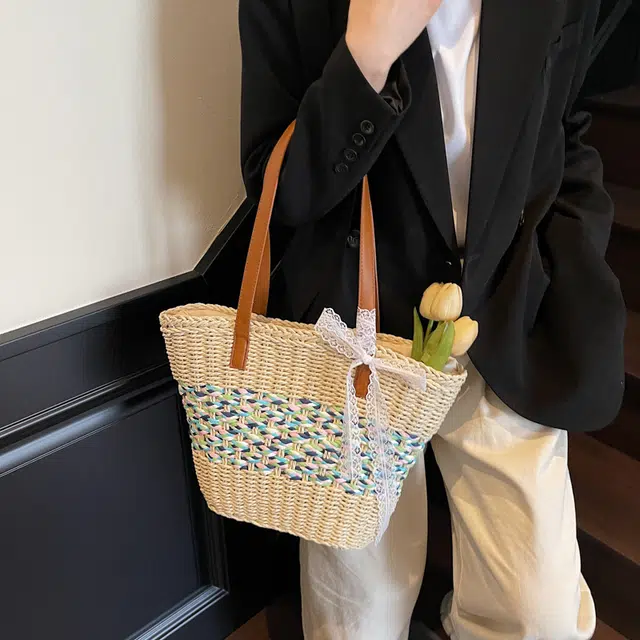 伊曼家 编织托特包春夏休闲大容量腋下包度假编织 草编 单肩包 女款 米白色/卡其色