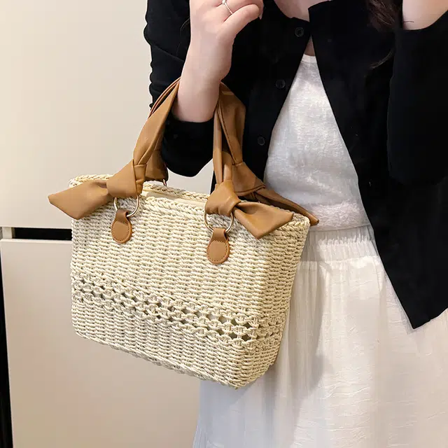 伊曼家 时尚编织通勤托特包海边度假沙滩包方形旅游休闲 草编 手提包 常规 女款 米白色/卡其色