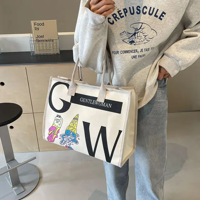 伊曼家 休闲包包女大容量通勤托特包百搭大包 帆布 帆布包单肩包 女款 米白色/浅灰色/卡其色/黑色