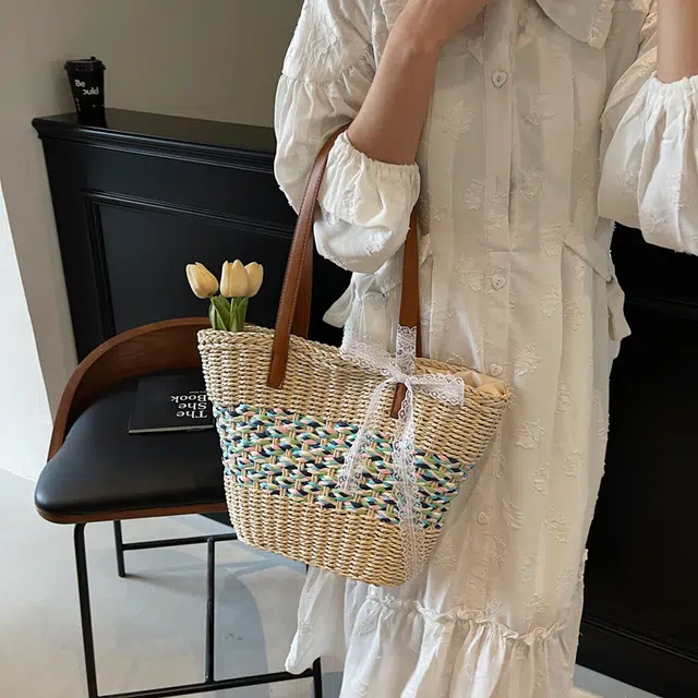伊曼家 编织托特包春夏休闲大容量腋下包度假编织 草编 单肩包 女款 米白色/卡其色