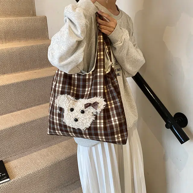 伊曼家 秋冬可爱托特包时尚格子撞色毛绒通勤 尼龙布 单肩包 女款 棕色/红色