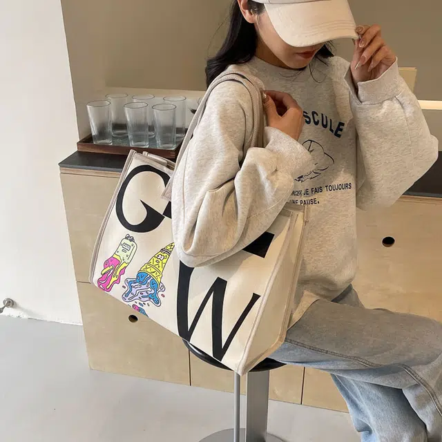 伊曼家 休闲包包女大容量通勤托特包百搭大包 帆布 帆布包单肩包 女款 米白色/浅灰色/卡其色/黑色