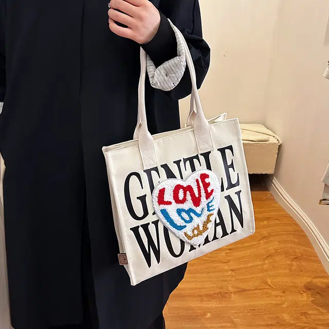 伊曼家 大容量包字母爱心单肩托特包百搭休闲手提包 帆布 帆布包单肩包 女款 米白色/卡其色/黑色