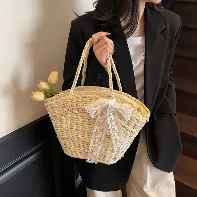 伊曼家 法式温柔风文艺菜篮子包度假风镶钻 草编 手提包 女款 多色