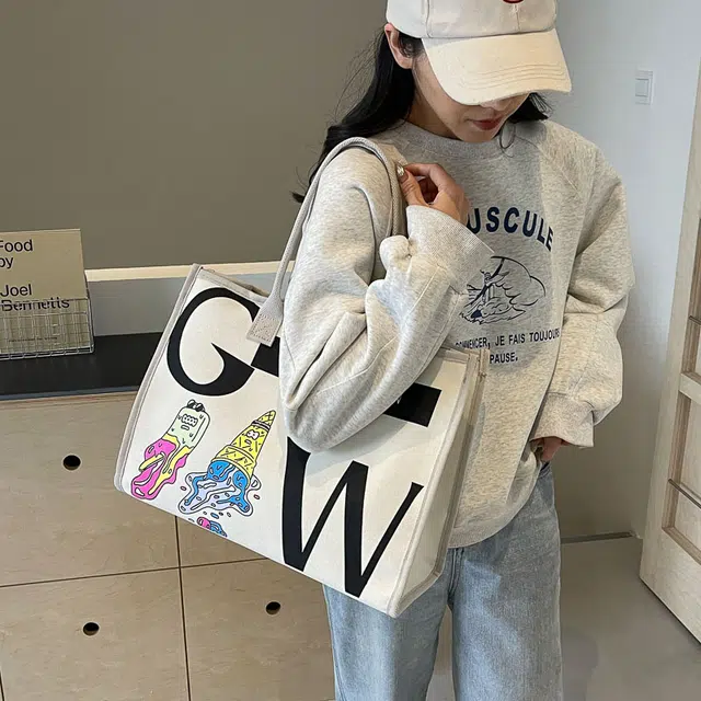 伊曼家 休闲包包女大容量通勤托特包百搭大包 帆布 帆布包单肩包 女款 米白色/浅灰色/卡其色/黑色