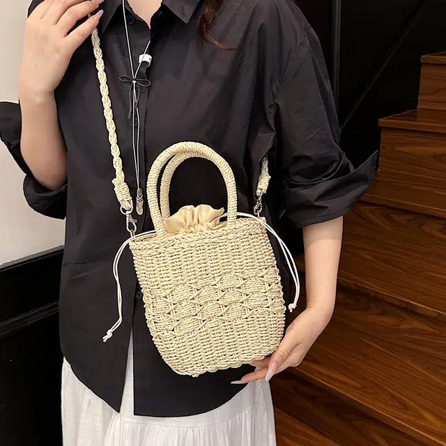 伊曼家 小清新甜美时尚精致 草编 手提包 女款 米白色/卡其色