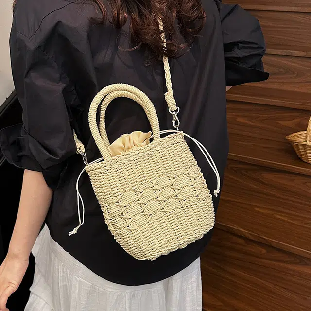 伊曼家 小清新甜美时尚精致 草编 手提包 女款 米白色/卡其色