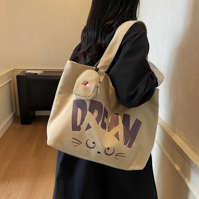 伊曼家 通勤时尚简约字母印花设计 帆布 托特包单肩包 女款 卡其色/焦糖色/米灰色/黑茶色