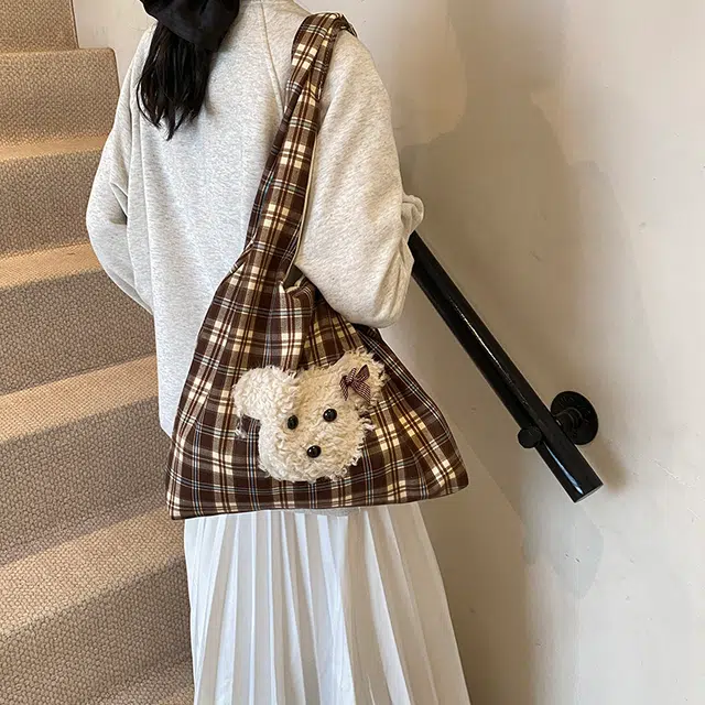 伊曼家 秋冬可爱托特包时尚格子撞色毛绒通勤 尼龙布 单肩包 女款 棕色/红色