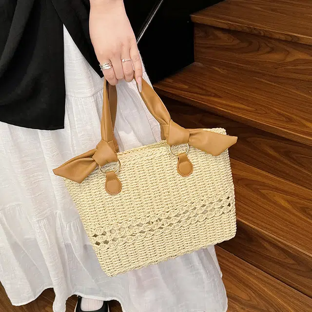 伊曼家 时尚编织通勤托特包海边度假沙滩包方形旅游休闲 草编 手提包 常规 女款 米白色/卡其色