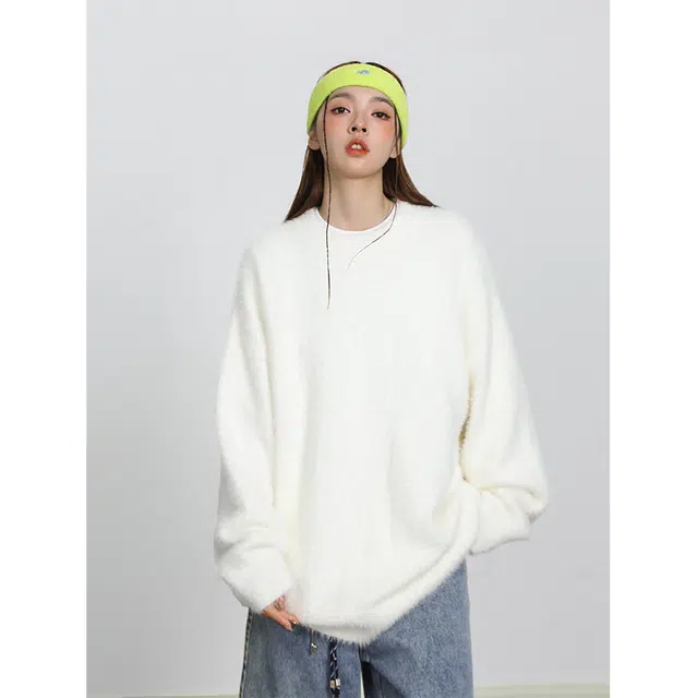 空白町 仿貂毛纯色保暖简约百搭宽松休闲静默高级感基础款落肩长袖学院老钱风复古慵懒风毛衫极简风户外多巴胺色系针织衫 男女同款