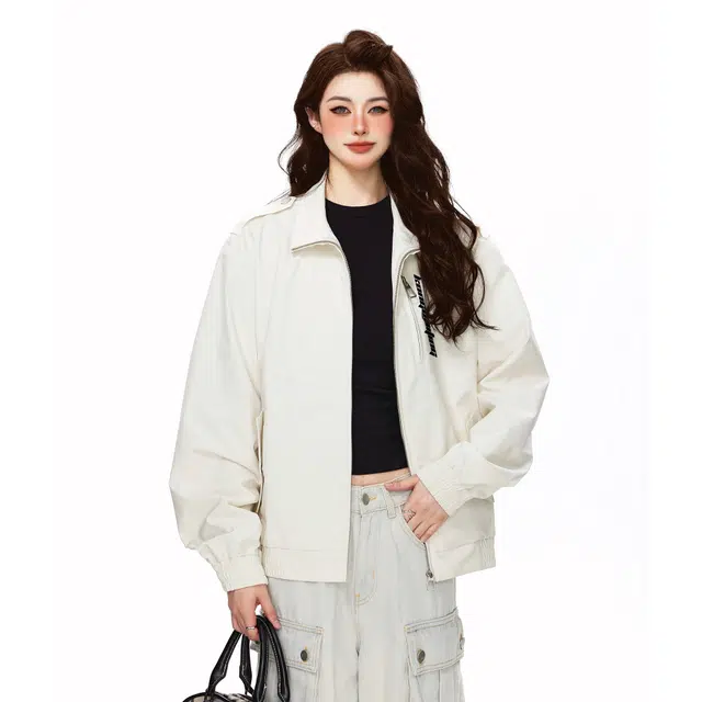 空白町 潮流痞帅格雷系工装休闲纯色设计感字母印花基础款级感翻领拉链百搭防风户夹克外套 男女同款