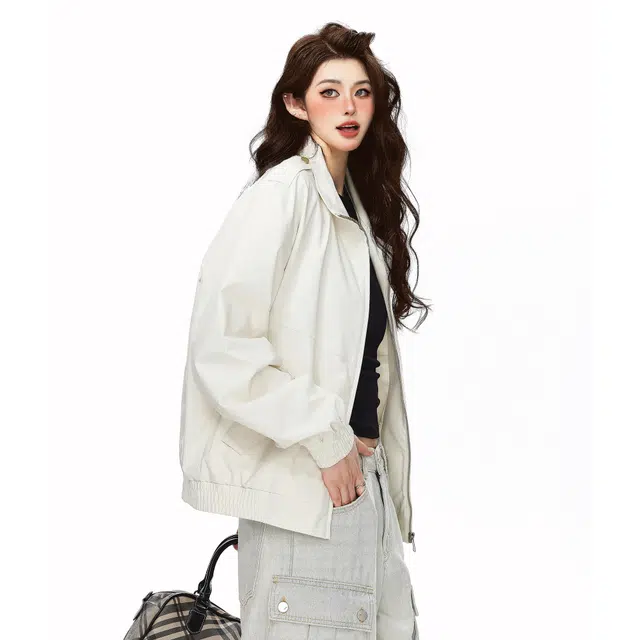 空白町 潮流痞帅格雷系工装休闲纯色设计感字母印花基础款级感翻领拉链百搭防风户夹克外套 男女同款