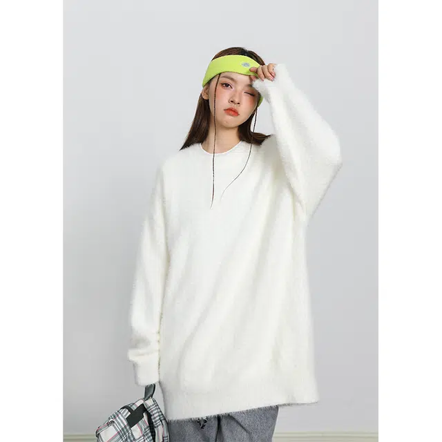 空白町 仿貂毛纯色保暖简约百搭宽松休闲静默高级感基础款落肩长袖学院老钱风复古慵懒风毛衫极简风户外多巴胺色系针织衫 男女同款