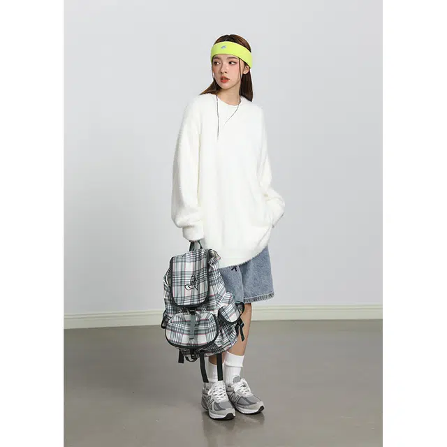 空白町 仿貂毛纯色保暖简约百搭宽松休闲静默高级感基础款落肩长袖学院老钱风复古慵懒风毛衫极简风户外多巴胺色系针织衫 男女同款