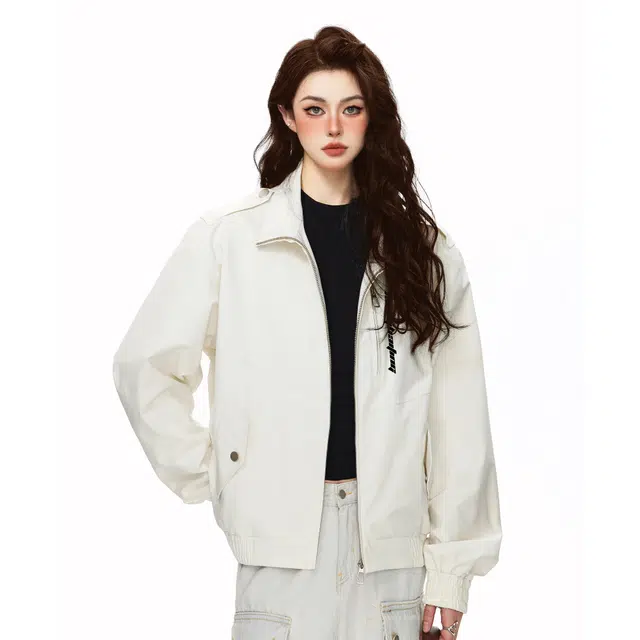 空白町 潮流痞帅格雷系工装休闲纯色设计感字母印花基础款级感翻领拉链百搭防风户夹克外套 男女同款