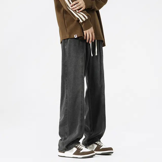 寻星记 美式复古街头水洗做旧系带抽绳直筒高街经典时尚风宽松舒适百搭潮牌休闲工装牛仔裤 男女同款