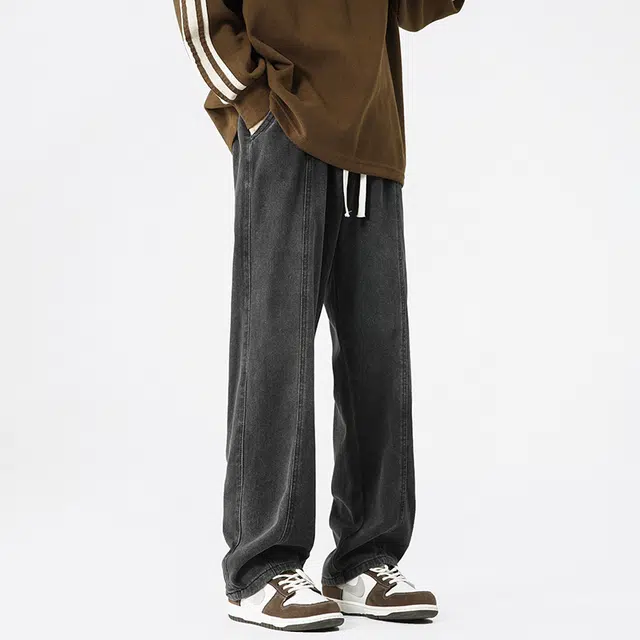 寻星记 美式复古街头水洗做旧系带抽绳直筒高街经典时尚风宽松舒适百搭潮牌休闲工装牛仔裤 男女同款