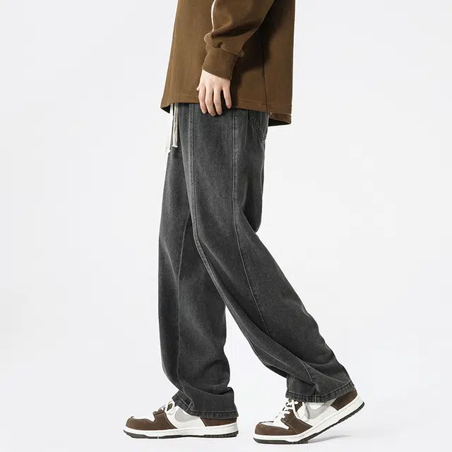 寻星记 美式复古街头水洗做旧系带抽绳直筒高街经典时尚风宽松舒适百搭潮牌休闲工装牛仔裤 男女同款