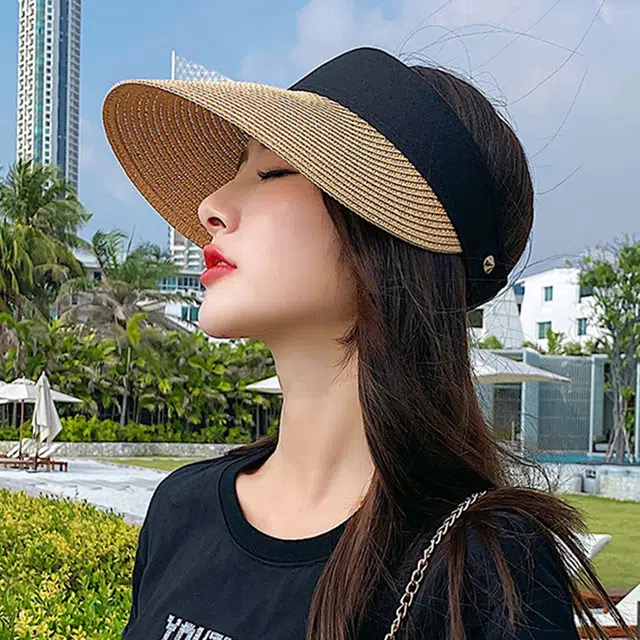 浪莎 夏季百搭深卡其布拼接色编织式大帽檐遮阳空顶 聚酯纤维 防晒帽太阳帽 男女同款情侣款