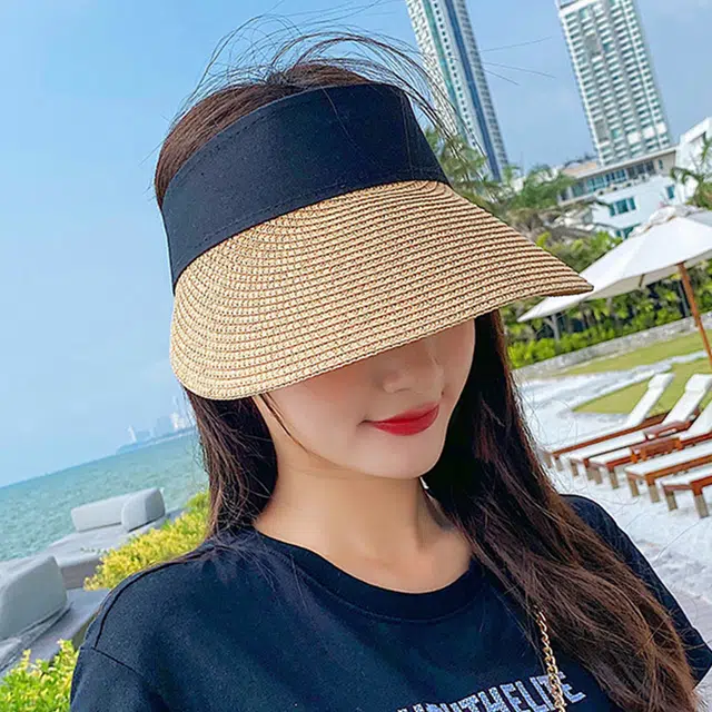 浪莎 夏季百搭深卡其布拼接色编织式大帽檐遮阳空顶 聚酯纤维 防晒帽太阳帽 男女同款情侣款
