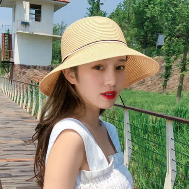 浪莎 春夏季卡其色编织时尚透气蝴蝶结大帽檐防晒防紫外线 纤维素聚酯纤维 遮阳帽太阳帽沙滩帽 女款