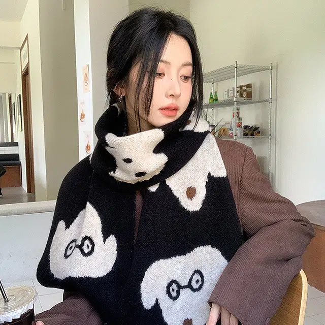 浪莎 秋冬季百搭柔软保暖羊毛针织 可爱眼镜小狗围巾 男女同款情侣款