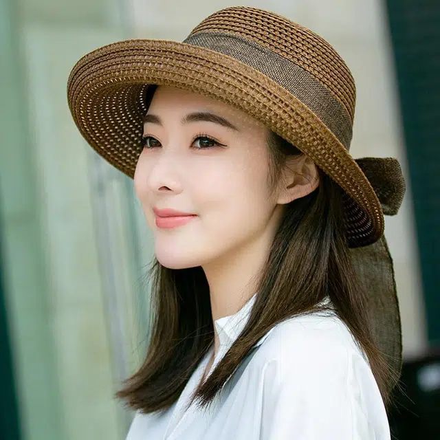 浪莎 春夏深咖啡色蝴蝶结大帽檐防晒透气 聚酯纤维 草帽太阳帽 男女同款情侣款