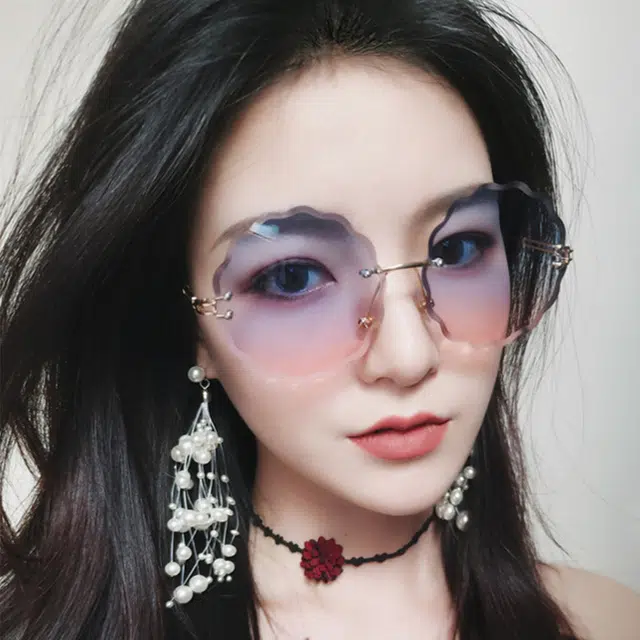 浪莎 渐变色个性花边圆形无框 不规则形 太阳眼镜 女款