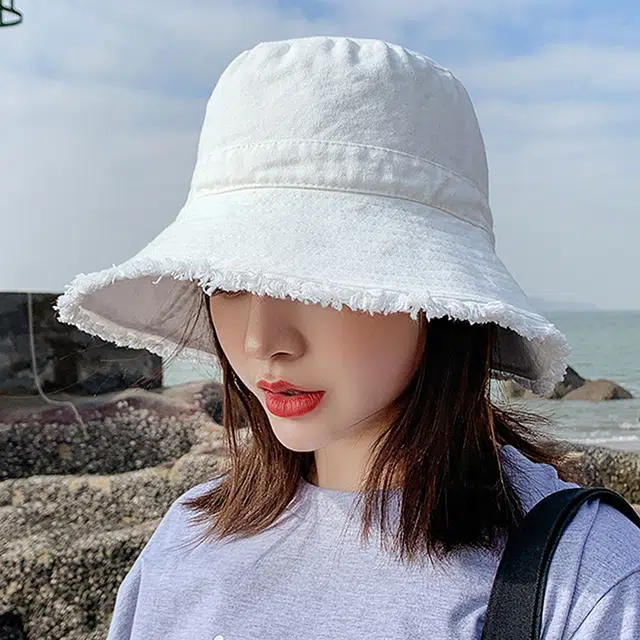 浪莎 春夏时尚百搭白色毛边大帽檐户外防晒 聚酯纤维 渔夫帽遮阳帽 男女同款情侣款
