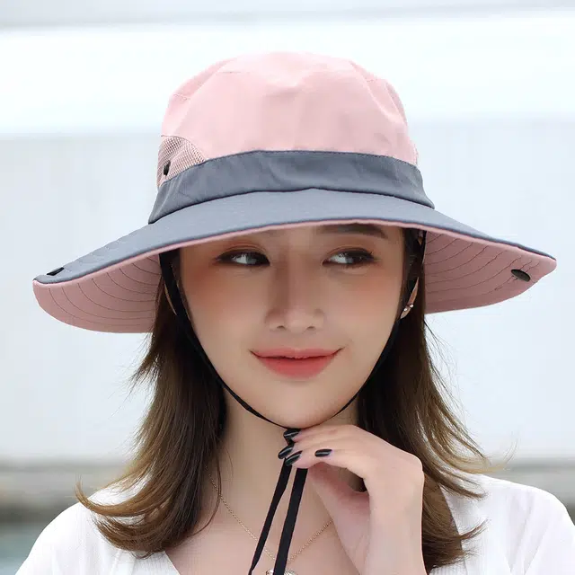 浪莎 夏季时尚百搭粉色拼接色大帽檐遮阳防紫外线网格透气 聚酯纤维棉 防晒帽旅游登山出游帽 男女同款情侣款