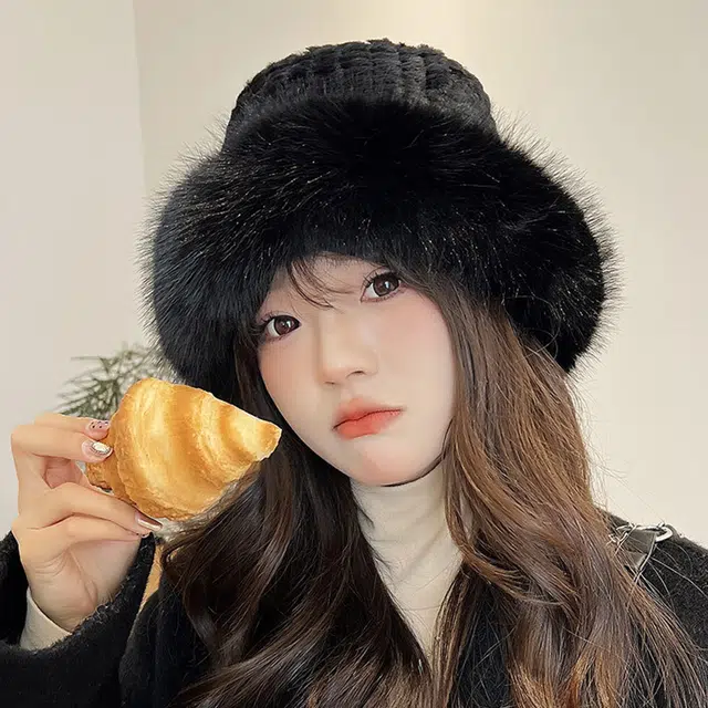 浪莎冬季仿狐狸毛毛绒帽显脸小加厚保暖渔夫帽大头围防寒盆帽