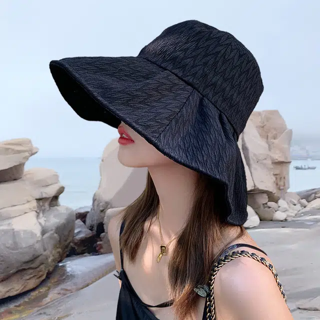 浪莎 夏季黑色时尚小众褶皱大帽檐遮阳防晒防紫外线 锦纶氨纶 太阳帽渔夫帽 男女同款情侣款