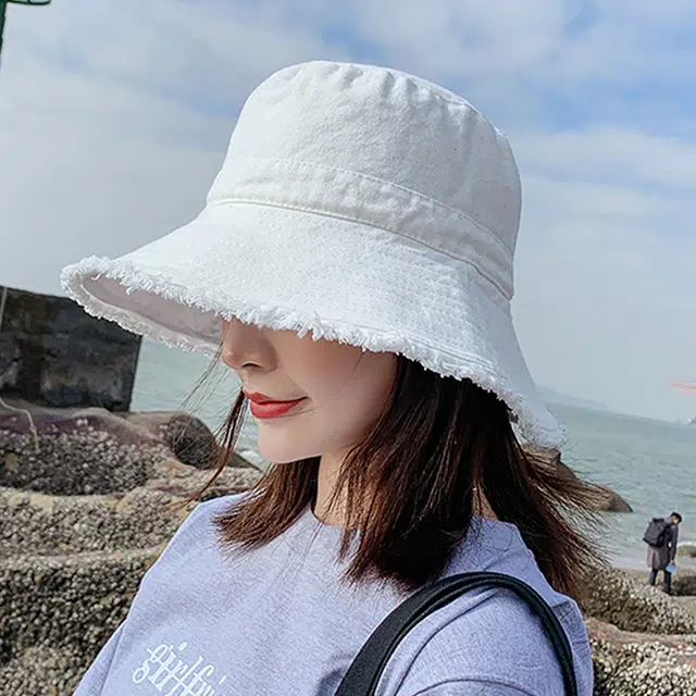 浪莎 春夏时尚百搭白色毛边大帽檐户外防晒 聚酯纤维 渔夫帽遮阳帽 男女同款情侣款