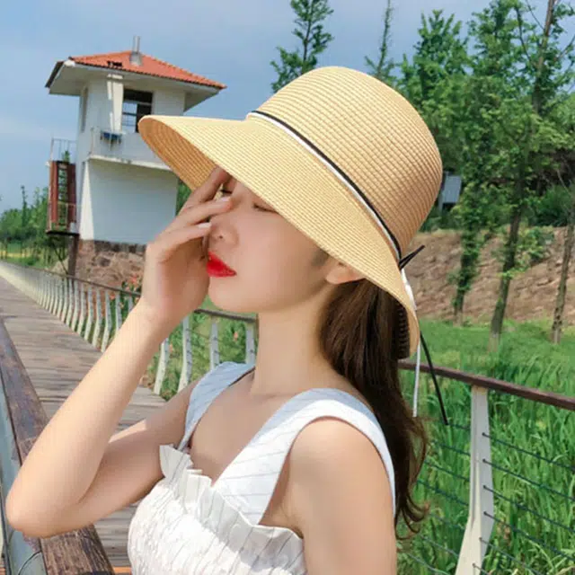 浪莎 春夏季卡其色编织时尚透气蝴蝶结大帽檐防晒防紫外线 纤维素聚酯纤维 遮阳帽太阳帽沙滩帽 女款