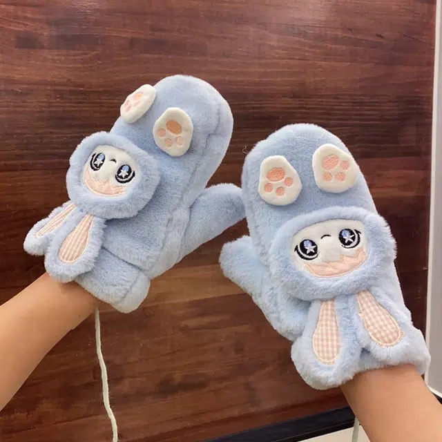 浪莎 脚印兔子动物卡通可爱毛绒加厚保暖 冬季挂脖手套 男女同款情侣款