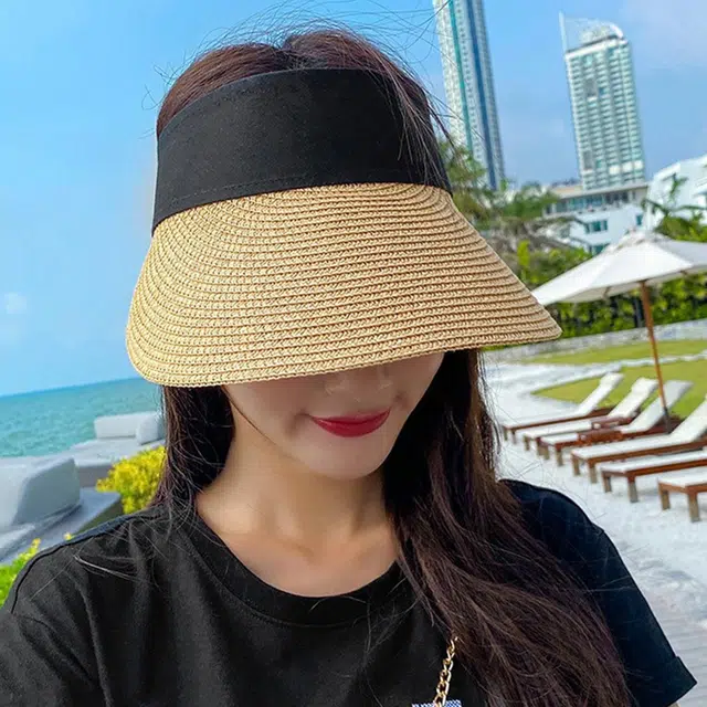 浪莎 夏季百搭深卡其布拼接色编织式大帽檐遮阳空顶 聚酯纤维 防晒帽太阳帽 男女同款情侣款