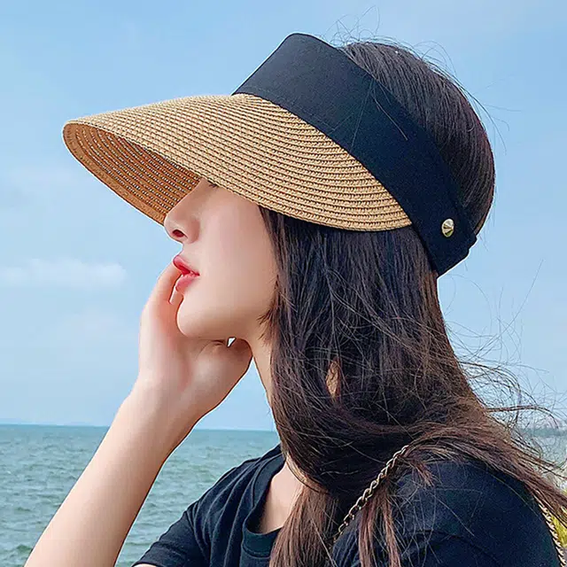 浪莎 夏季百搭深卡其布拼接色编织式大帽檐遮阳空顶 聚酯纤维 防晒帽太阳帽 男女同款情侣款