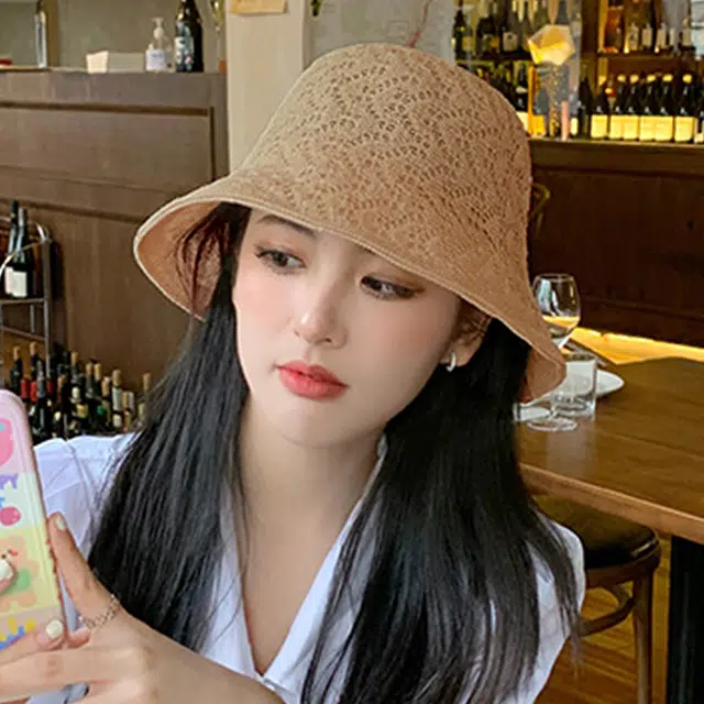 浪莎 夏季薄款卡其色双层盆帽编织镂空防晒透气 聚酯纤维 渔夫帽水桶帽盆帽 男女同款情侣款