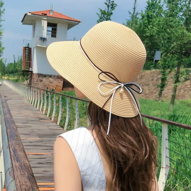 浪莎 春夏季卡其色编织时尚透气蝴蝶结大帽檐防晒防紫外线 纤维素聚酯纤维 遮阳帽太阳帽沙滩帽 女款