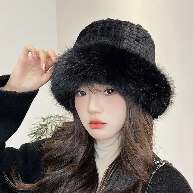 浪莎冬季仿狐狸毛毛绒帽显脸小加厚保暖渔夫帽大头围防寒盆帽