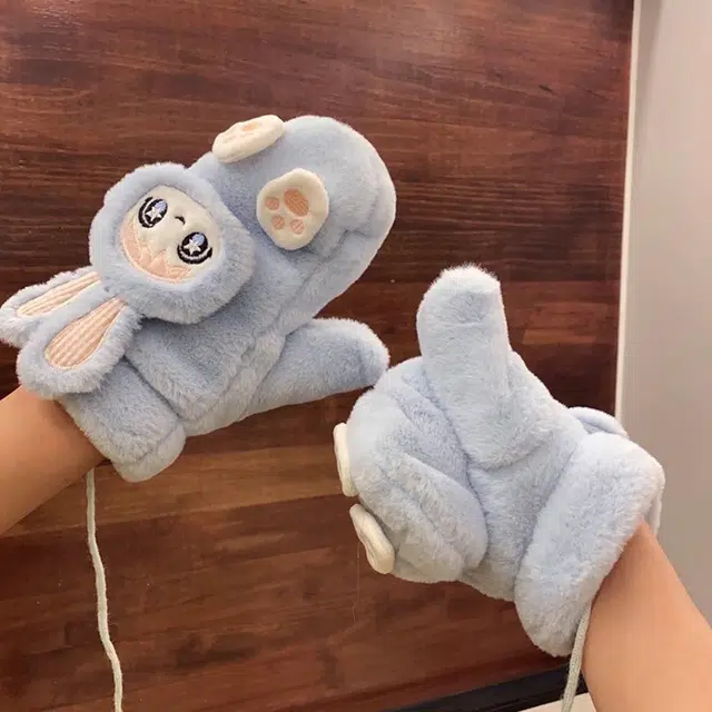 浪莎 脚印兔子动物卡通可爱毛绒加厚保暖 冬季挂脖手套 男女同款情侣款