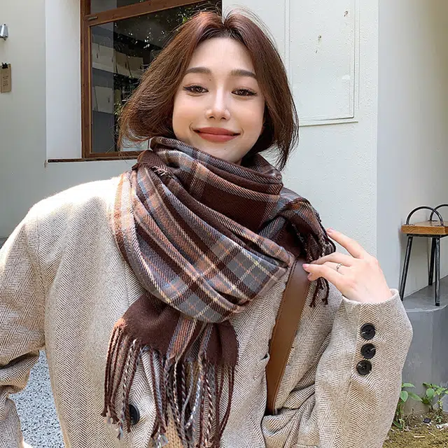 浪莎 甜美 格纹 保暖双面印花 绒线围巾 男款