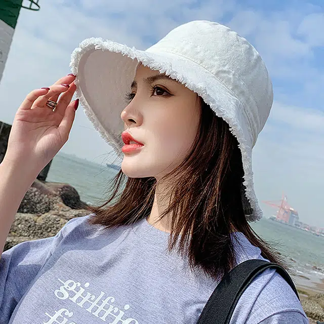 浪莎 春夏时尚百搭白色毛边大帽檐户外防晒 聚酯纤维 渔夫帽遮阳帽 男女同款情侣款