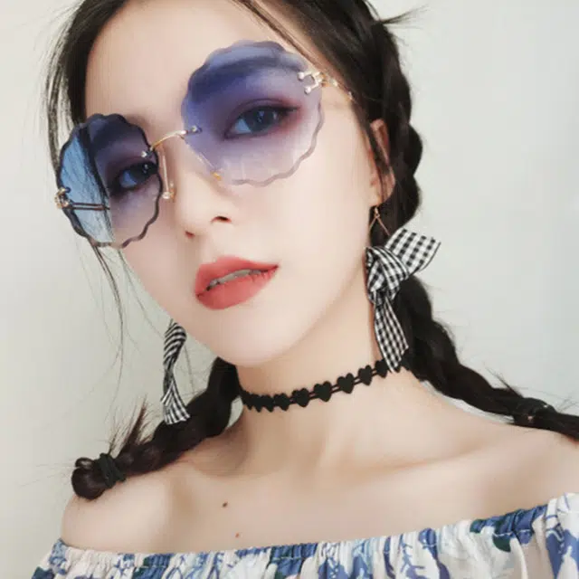 浪莎 渐变色个性花边圆形无框 不规则形 太阳眼镜 女款