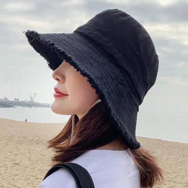 浪莎 春夏时尚百搭黑色牛仔毛边大帽檐遮阳防晒防紫外线 聚酯纤维锦纶 渔夫帽 男女同款情侣款