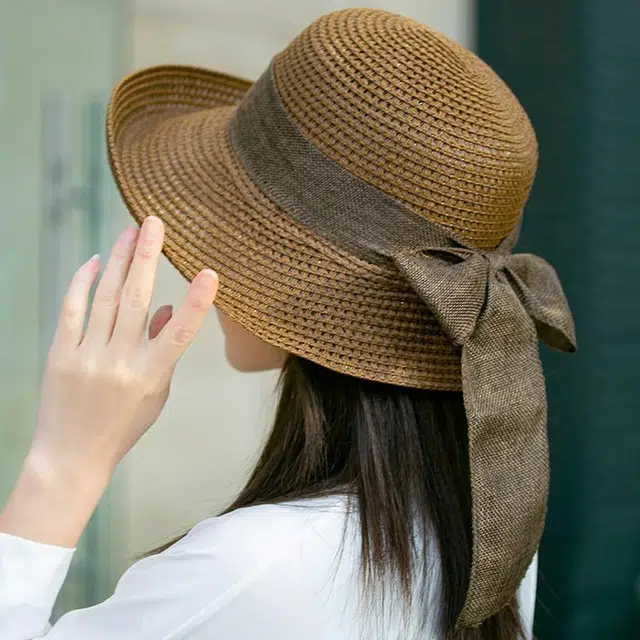 浪莎 春夏深咖啡色蝴蝶结大帽檐防晒透气 聚酯纤维 草帽太阳帽 男女同款情侣款