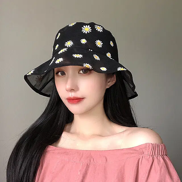 浪莎 夏季薄款小清新透气小雏菊花朵防晒遮阳 聚酯纤维 渔夫帽太阳帽 女款