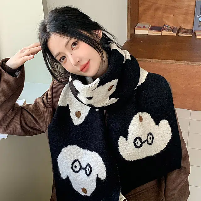 浪莎 秋冬季百搭柔软保暖羊毛针织 可爱眼镜小狗围巾 男女同款情侣款