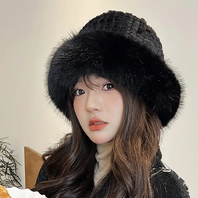 浪莎冬季仿狐狸毛毛绒帽显脸小加厚保暖渔夫帽大头围防寒盆帽
